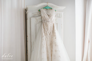 Monique Lhuillier 'Aurora' size 8 used wedding dress front view on hanger