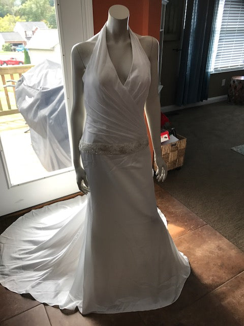David's Bridal 'Charmeuse Trumpet' size 10 new wedding dress front view on mannequin