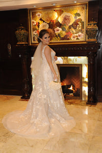 Oleg Cassini 'High Neck' size 10 used wedding dress side view on bride