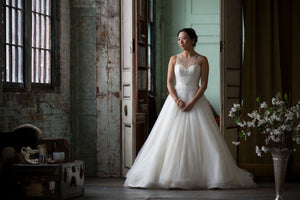 Veluz Reyes 'Karmina' size 4 sample wedding dress front view on model