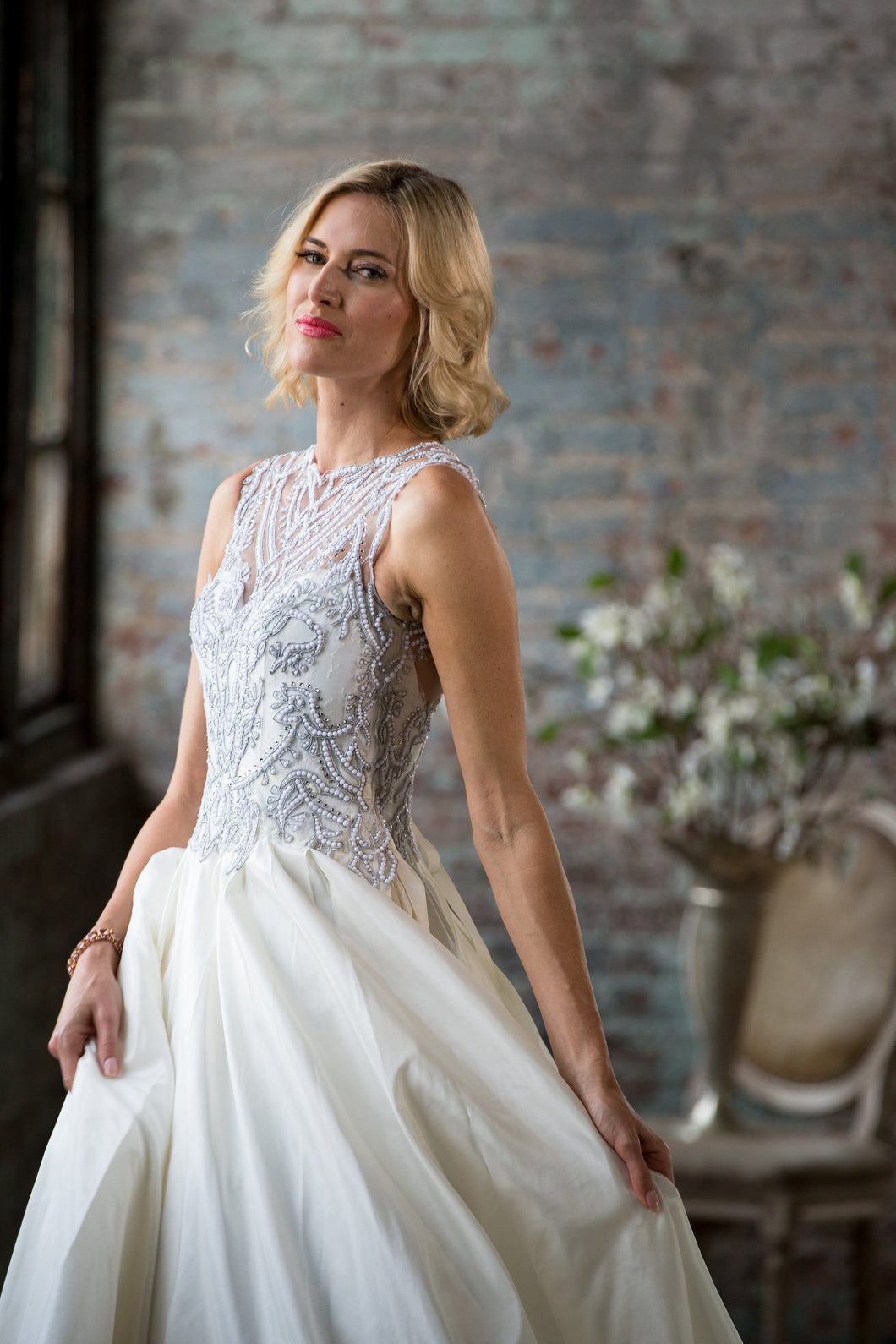 Veluz Reyes 'Bettina' size 4 sample wedding dress front view on model