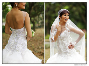 Veluz Reyes 'Cristina' size 0 sample wedding dress back/front views on model