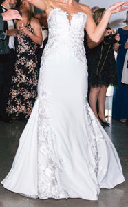 Pronovias 'Mermaid Crepe' size 4 used wedding dress front view on bride