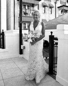 Jim Hjelm '8011' size 12 sample wedding dress front view on bride