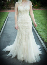 Load image into Gallery viewer, Stella York &#39;5986 Vintage Lace&#39; size 2 used wedding dress front view on bride
