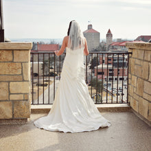 Load image into Gallery viewer, Essence Of Australia &#39;Ivory Satin 5852&#39; size 8 used wedding dress back view on bride
