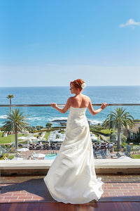 Mikado 'Sheath' size 10 used wedding dress back view on bride
