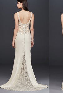 Galina Signature 'Beaded Illusion and Crepe Sheath' size 2 used wedding dress back view on model