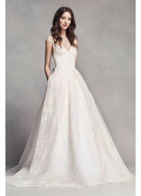 Load image into Gallery viewer, Vera Wang White &#39;Pleated V-Neck&#39; size 10 new wedding dress front view on model

