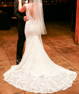 Pnina Tornai 'V Neck Sheath' size 4 used wedding dress back view on bride