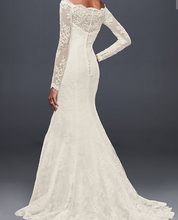 Load image into Gallery viewer, Jewel &#39;Off the Shoulder&#39; size 2 new wedding dress back view on model
