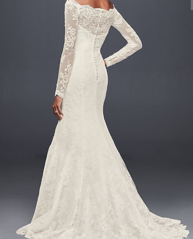 Jewel 'Off the Shoulder' size 2 new wedding dress back view on model