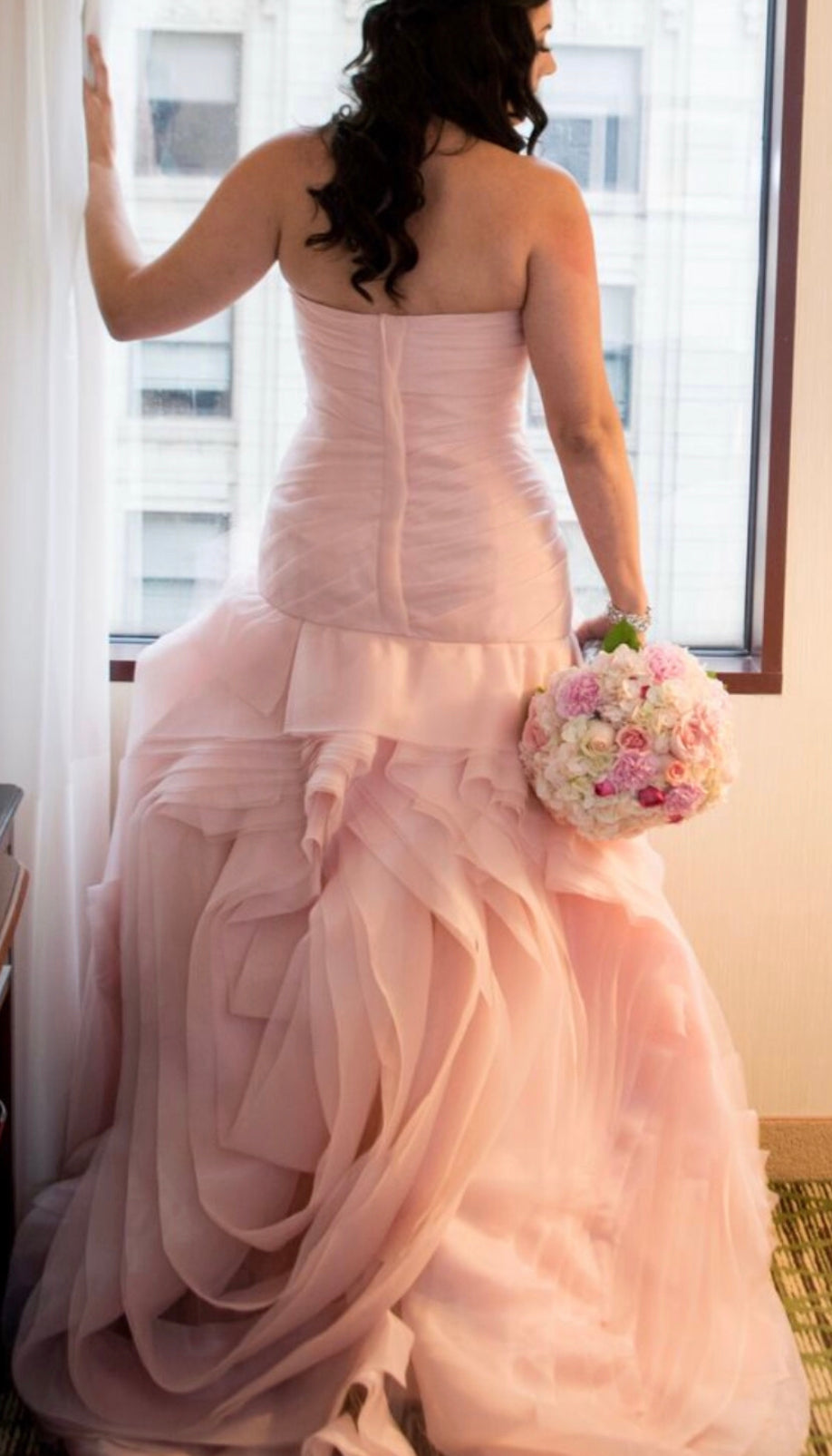 Vera Wang White 'Blush Pink' size 12 used wedding dress back view on bride