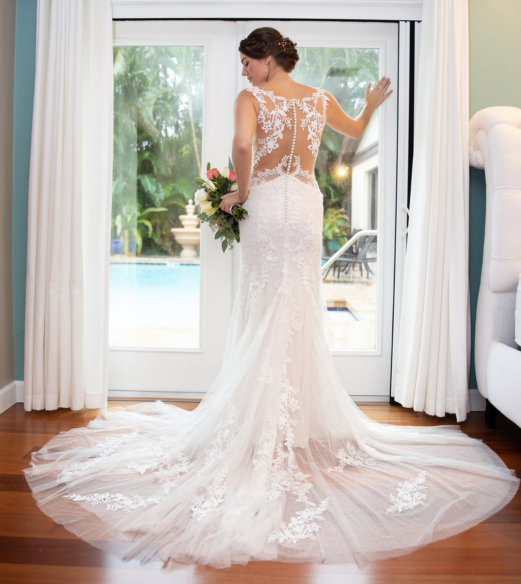Lillian West 'Vanessa 6485' size 14 used wedding dress back view on model