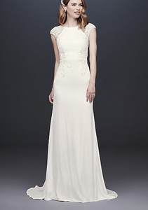 David's Bridal 'Cap Sleeve Crepe Sheath' size 12 new wedding dress front view on model