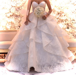 Monique Lhuillier 'Sofia' size 6 used wedding dress front view on bride