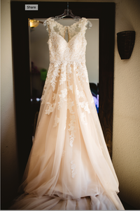 StellaYork 'Lace Illusion Back' size 6 used wedding dress front view on hanger