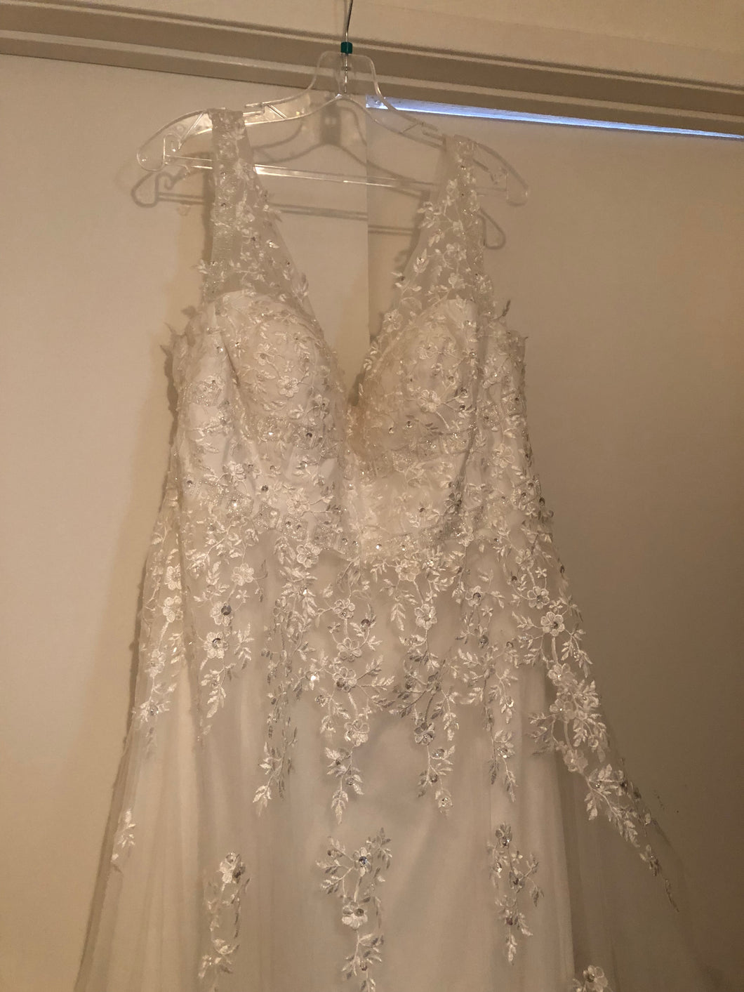Simply Bridal 'Off the Shoulder' size 16 new wedding dress front view on hanger