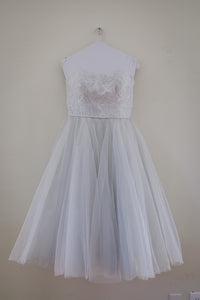David's Bridal 'Tea Length' size 10 used wedding dress front view on hanger