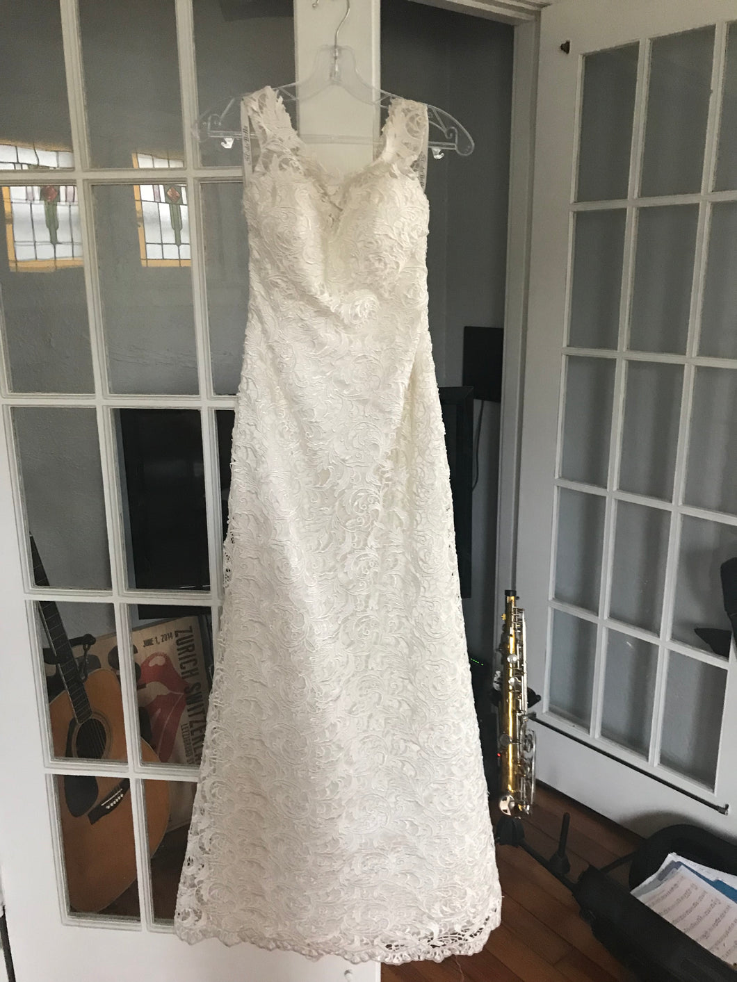 Custom 'DK' size 10 new wedding dress front view on hanger