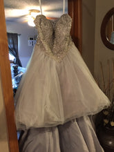 Load image into Gallery viewer, Christina Wu &#39;Silver/Gray Hi Low&#39; size 8 new wedding dress back view on hanger
