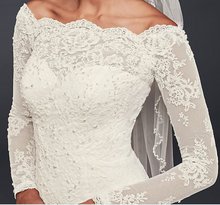 Load image into Gallery viewer, Jewel &#39;Off the Shoulder&#39; size 2 new wedding dress front view close up on model
