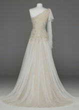 Load image into Gallery viewer, Galina &#39;One Shoulder&#39; size 2 new wedding dress front view on mannequin
