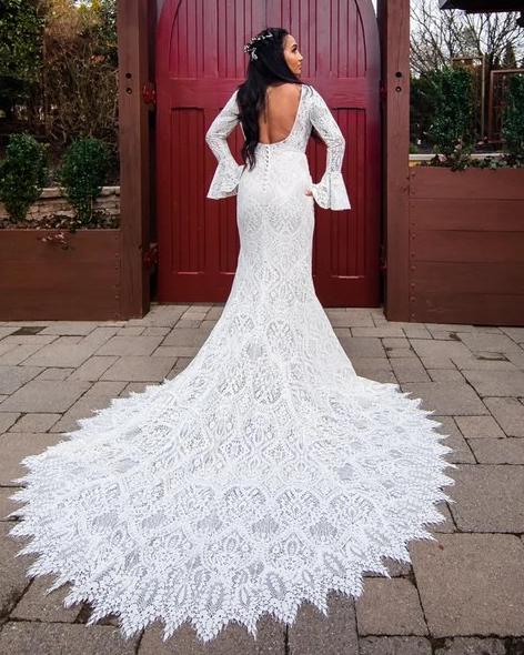 Allure Bridals 'Bell Sleeve' size 4 used wedding dress back view on bride