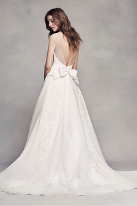 Vera Wang 'Pleated V Neck' size 14 new wedding dress back view on model
