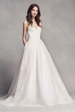 Load image into Gallery viewer, Vera Wang &#39;Pleated V Neck&#39; size 14 new wedding dress front view on model
