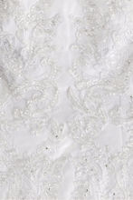 Load image into Gallery viewer, Oleg Cassini &#39;Satin Lace&#39; size 2 used wedding dress close up of material
