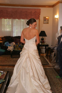 Custom 'Gorgeous Italian Silk' size 4 used wedding dress back view on bride