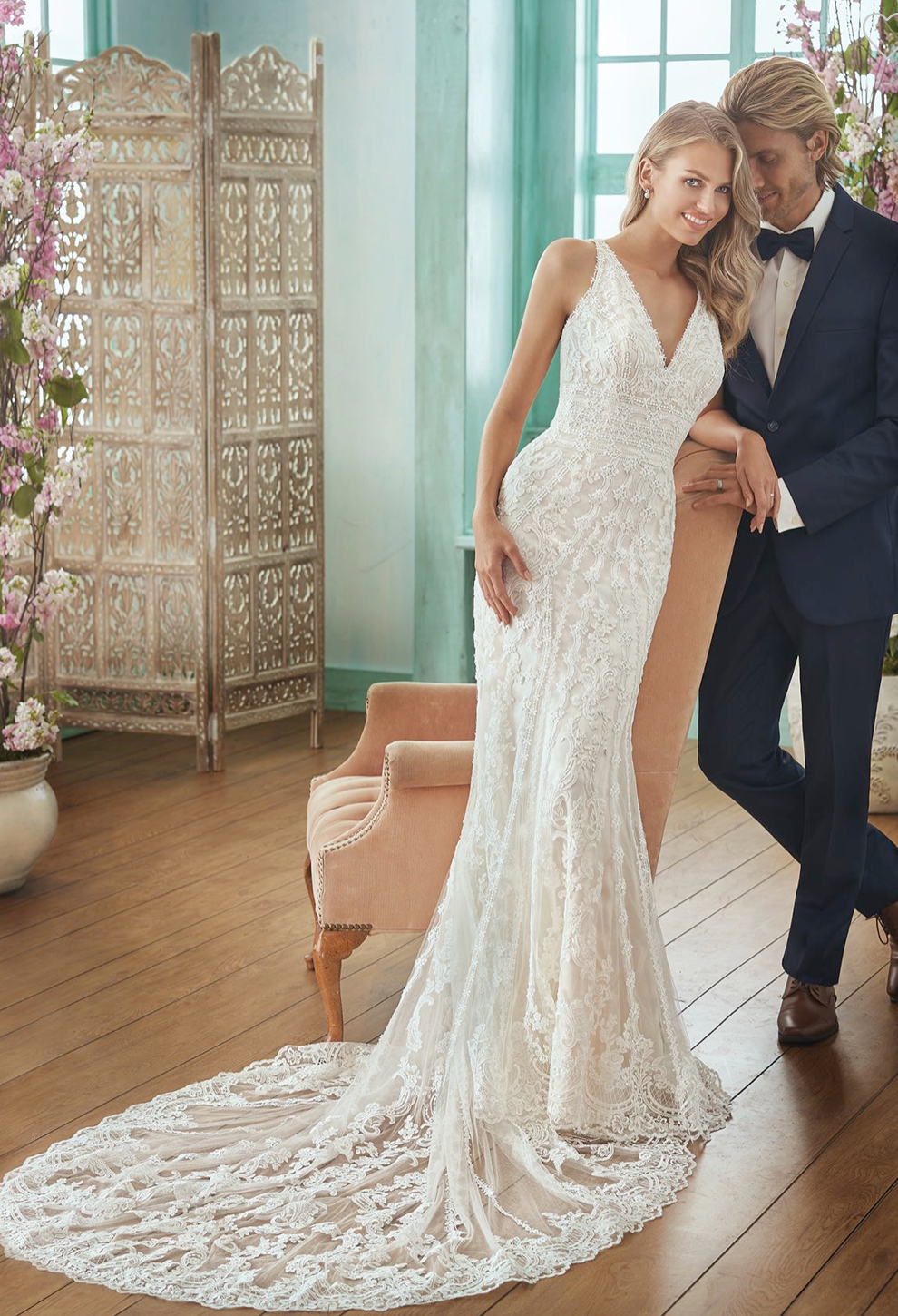Jasmine 'V-neck' size 6 new wedding dress front view on model