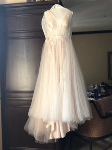 Willowby 'Lainie' size 12 used wedding dress front view on hanger