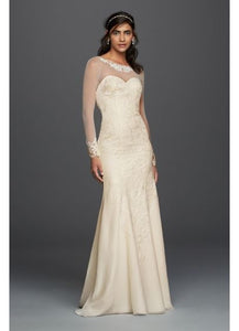 David's Bridal 'Long Sleeve Chiffon' size 8 new wedding dress front view on model