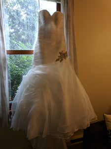 Allure 'Drop Waist Beaded' size 2 used wedding dress front view on hanger