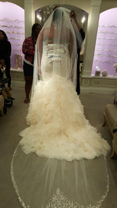 Danielle Caprese 'Mermaid' size 18 used wedding dress back view on bride