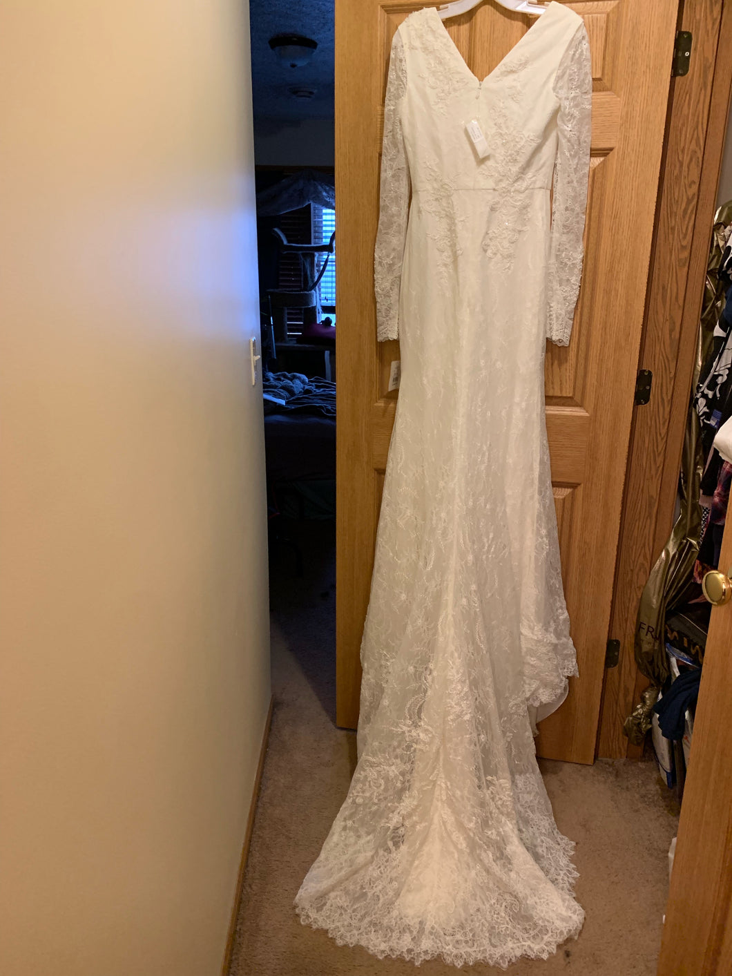 Vera Wang White 'Long Sleeve Lace Sheath' size 6 sample wedding dress back view on hanger