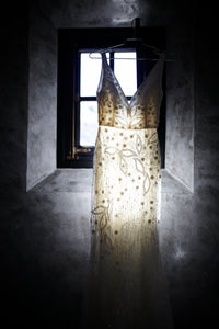 Lazaro 'Sleeveless Beaded' size 2 used wedding dress front view on hanger