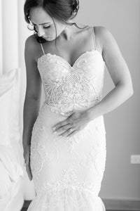 Alon Livne 'Gisele' size 8 used wedding dress close up on bride