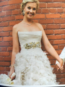 Romona Keveza 'Silk' size 8 used wedding dress front view on bride