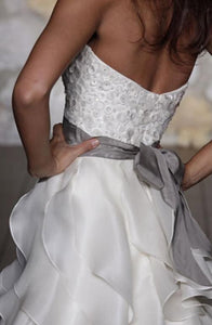 Jim Hjelm Semi Sweetheart Ruffled Ball Gown with Platinum Sash - Jim Hjelm - Nearly Newlywed Bridal Boutique - 3