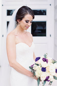 Romona Keveza 'Lace' size 4 sample wedding dress side view close up on bride