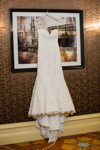 Romona Keveza 'Lace' size 4 sample wedding dress front view on hanger