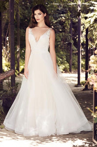 Paloma Blanca 'Deep V-Neckline' size 6 used wedding dress front view on model