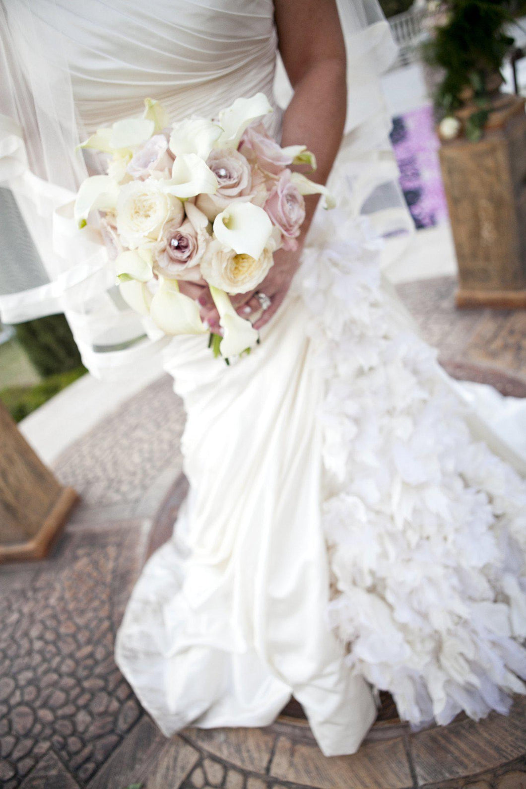 Pnina Tornai Ruched Gown with Floral Inset - Pnina Tornai - Nearly Newlywed Bridal Boutique - 1