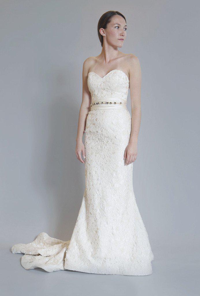 Elizabeth Fillmore 'Amelia' Ivory Silk & Burnout Lace Wedding Dress - Elizabeth Fillmore - Nearly Newlywed Bridal Boutique - 1