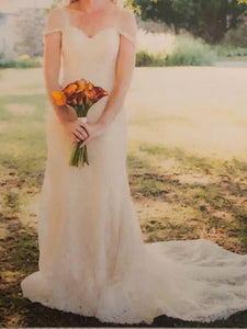 Essense of Australia 'Romantic Vintage Lace' size 8 used wedding dress front view on bride