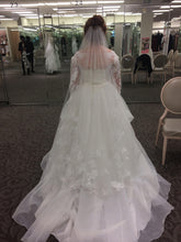 Load image into Gallery viewer, Oleg Cassini &#39;Organza 3/4 Sleeved&#39; size 12 new wedding dress back view on bride
