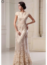 Load image into Gallery viewer, Custom &#39;Column Lace&#39; size 16 new wedding dress front view on model
